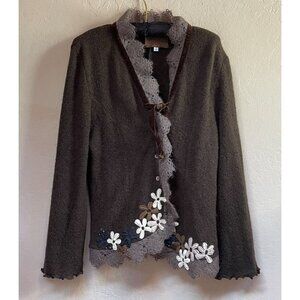 Marilu Women Wool Embroidered Lace Trim Blazer Jacket Size S/M Brown Boho Floral